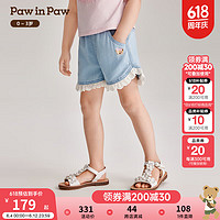 PawinPaw卡通小熊童装2024年夏季新款女宝宝蕾丝花边儿童牛仔短裤 Indigo牛仔蓝色/55 1