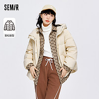 Semir 森马 羽绒服女假两件印花复古宽松冬季连帽厚冬装盐系时尚新款