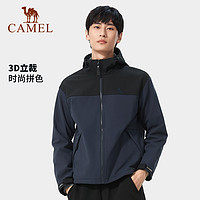 CAMEL 駱駝 旗艦店戶外連帽軟殼衣男2023冬季運動防水夾克加絨保暖外套