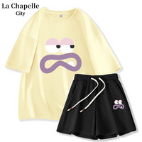 La Chapelle City拉夏贝尔中夏季套装女2024纯棉短袖t恤休闲运动服两件套 鹅黄紫色表情+黑小紫 M
