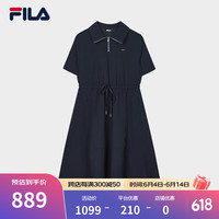 FILA Emerald斐乐女子梭织连衣裙2024夏季新款翻领不规则下摆裙子 浓墨蓝-NV 1