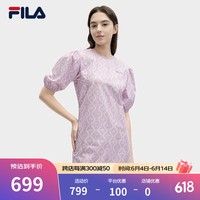 FILA 斐乐官方女子梭织连衣裙2024夏季新款时尚休闲满印宽松裙子 细薇紫-PR 1