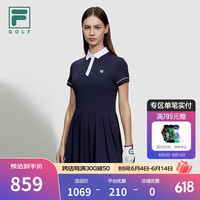 FILA 斐乐官方女子连衣裙2024夏新款拼色防晒高尔夫运动裙百褶裙 潮汐蓝-DB 1