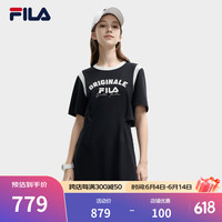 FILA 斐乐官方女子针织连衣裙2024夏季新款时尚舒适假两件收腰裙 正黑色-BK 1