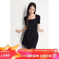 欧时力法式方领连衣裙21夏装小黑裙拼接通勤 黑色 XL