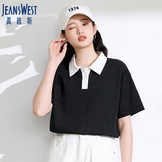 真维斯（JEANSWEST）T恤女2024夏季撞色Polo短袖女宽松休闲时尚设计感奶白S ED-42-271202奶白