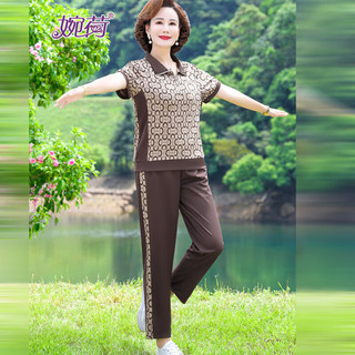 50-60岁妈妈夏装套装短袖上衣洋气中老年女夏季休闲运动服两件套
