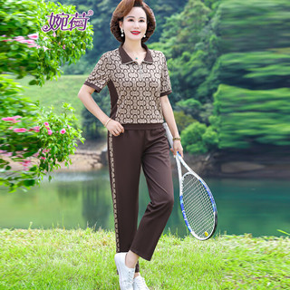 50-60岁妈妈夏装套装短袖上衣洋气中老年女夏季休闲运动服两件套