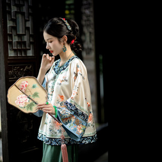一城风絮秋容佩玉丨原创设计秋款丨米杏色醋酸满绣对襟上衣大袖清汉女褂袍 米杏色满绣清汉女褂袍 L码