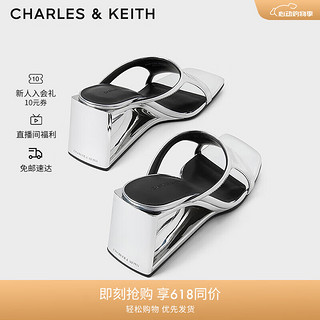 CHARLES&KEITH24夏方头亮面露趾异形高跟一字拖高跟凉拖鞋女-CK1-80580149 Silver银色 40