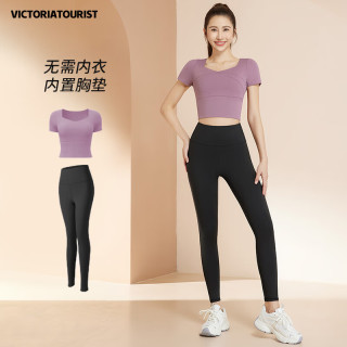 维多利亚旅行者（VICTORIATOURIST）瑜伽服套装运动服女士夏季晨跑速干衣夏季跳操服短袖套装紫M 浆果紫套装 M（85-110斤）