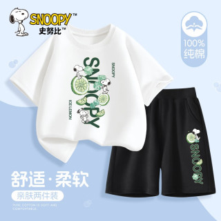 史努比男孩夏季套装短袖2024夏装男孩酷帅运动儿童炸街衣服 冰柠努比白+冰柠努比短黑裤 120cm