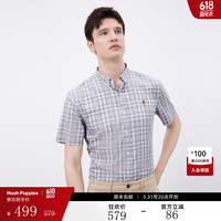 Hush Puppies暇步士男装夏季撞色格纹美式复古短袖衬衫 浅灰