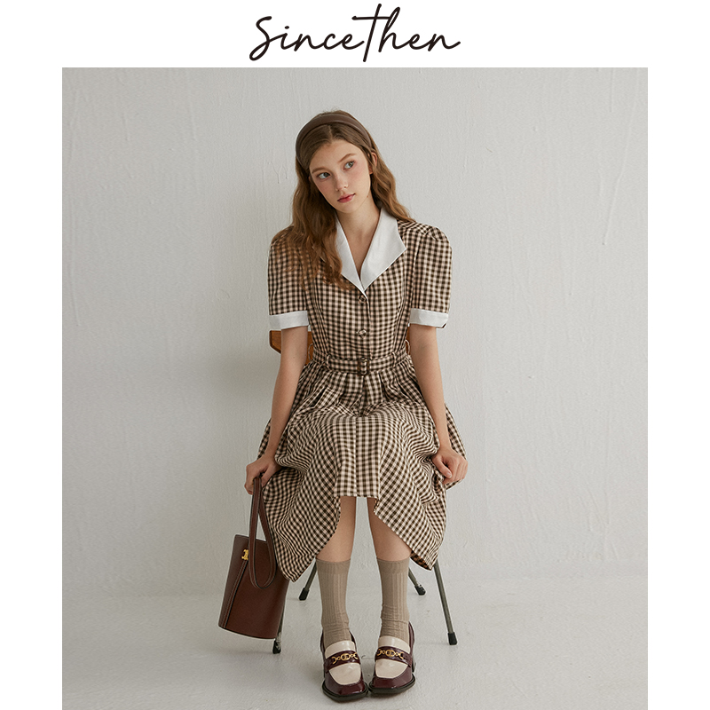 sincethen 法式格子裙复古长裙收腰格纹裙子短袖翻领连衣裙女夏季