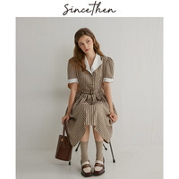 sincethen 法式格子裙复古长裙收腰格纹裙子短袖翻领连衣裙女夏季