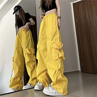| 美式休闲裤女2024年夏季新款直筒垂坠感阔腿工装裤高腰显瘦长裤 柠檬黄 XL