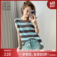 美洋(MEIYANG)小蜜蜂马甲华夫格挑孔针织麻感镂空撞色条纹背心上衣 蓝灰条纹 XL