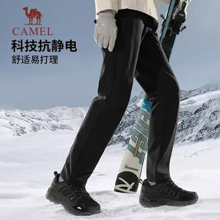 骆驼（CAMEL）火山岩发热户外冲锋软壳裤女秋冬防风防水加绒登山裤男 A23CAVV106，幻影黑，女 L