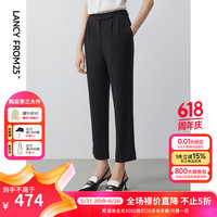 朗姿/悦春季女高腰直筒开衩压褶通勤西装裤 黑色 M