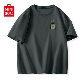 名创优品（MINISO）纯棉t恤男夏季2024衣服青少年亲肤透气时尚宽松大码冰感短袖 深灰(生机胸标) 180/XL(不起球不掉色)