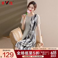 雅鹿连衣裙女裙子夏天女装2024气质款圆领简约长裙时尚收腰显瘦裙子 浅灰色 XL