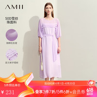 AMII2024极简纯色薄款宽松连肩中袖配腰带长款雪纺连衣裙女款 黑色 155/80A/S