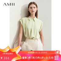 AMII2024夏新款通勤风翻领连袖短袖收褶雪纺衫女金属扣宽松上衣