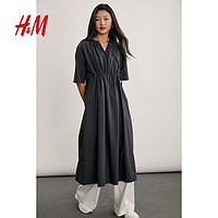 H&M HM 女裝連衣裙2024夏季新款抽繩休閑舒適圓領短袖中長裙1233305
