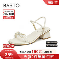 BASTO 百思图 2024夏季新款时髦简约蝴蝶结一字带粗跟女凉鞋TS102BL4 米白/透明 38