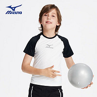美津浓（MIZUNO）/Mizuno中大童拼色t恤夏季运动短袖圆领中性舒适透气上衣 黑色X白色 130CM(50-65斤)