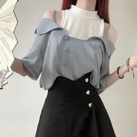 翰榆夏天衣服套装女花弦月下 少蓝色上衣半身裙中长款显瘦夏高腰露肩 短袖三件套 【背心+短袖+半裙】 L