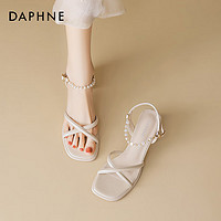DAPHNE 达芙妮 法式绝美银色凉鞋女2024夏季外穿气质配裙子粗跟高跟鞋 米色36