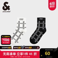杰克·琼斯（JACK&JONES）夏季达芬奇联名中筒袜两双装格纹满印刺绣袜子男袜22421Q023 雪白SNOW WHITE/黑色PURE BLACK L