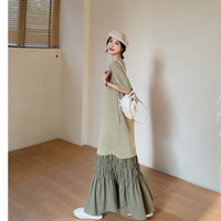 乌拓长裙子连衣裙到脚踝绿色高个子超长款宽松大码胖mmT恤裙长裙 豆绿色 S
