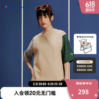 Champion短袖t恤女士2024夏季新款刺绣拼色半袖潮牌上衣纯棉 深绿色拼接 M
