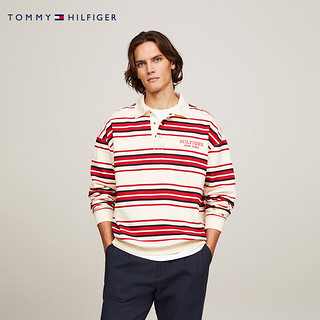 TOMMY HILFIGER【Stray Kids同款】24春男女纯棉条纹按扣POLO领卫衣34408 米白红条纹AEF M