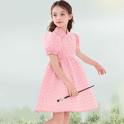 Disney 迪士尼 女童连衣裙夏季2024儿童改良版中式裙子宽松中大童格子裙