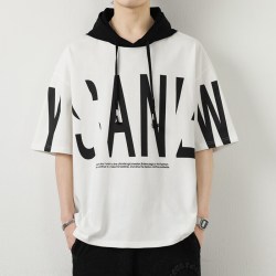 oyy2024新款夏季男潮流宽松服潮牌学生短袖t恤上衣连帽短袖t恤五分袖