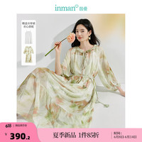 茵曼（INMAN）法式优雅印花连衣裙2024夏季女装新款木耳边短袖收腰宽松裙子 花浅绿