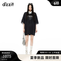 DZZIT地素连衣裙2024夏季蕾丝设计少女运动风T恤裙女 黑色 S