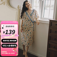 婧麒月子服夏季哺乳裙V领短袖家居服透气舒适待产裙 蓝色+Jyz136220 XL