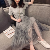 薇靡雅 WEIMIYA法国小众假两件连衣裙女气质仙女裙亮片中长款网纱裙子 灰色 M