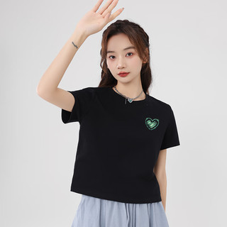 班尼路白色纯欲上衣女夏季短袖圆领t恤独特别致超好看辣妹打底衫 白-绿心K