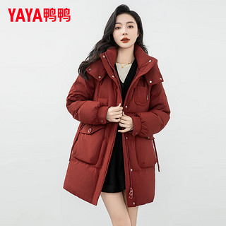 鸭鸭（YAYA）羽绒服女中长款2024年冬季简约连帽休闲百搭鸭绒保暖外套XH 枣红色 155/80A(S)