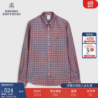 Brooks Brothers BrooksBrothers）男士24春夏亚麻格纹长袖休闲衬衫 B635-红色 M