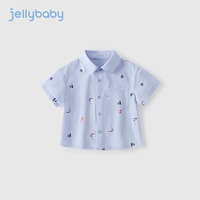 JELLYBABY男童衬衫儿童印花POLO翻领男宝宝纯棉短袖口袋上衣男孩子夏天衣服 浅蓝 140CM