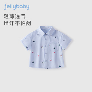 JELLYBABY男童衬衫儿童印花POLO翻领男宝宝纯棉短袖口袋上衣男孩子夏天衣服 浅蓝 140CM