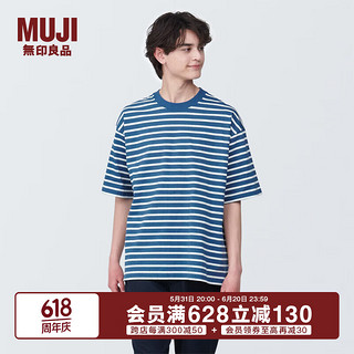 无印良品（MUJI） 男式 水洗 粗棉线 圆领 五分袖T恤 男士短袖打底衫男款 烟熏蓝色图案 L(175/100A)