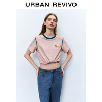 UR秋季女装时尚别致休闲感撞色印花圆领短袖T恤UWL430017 裸粉