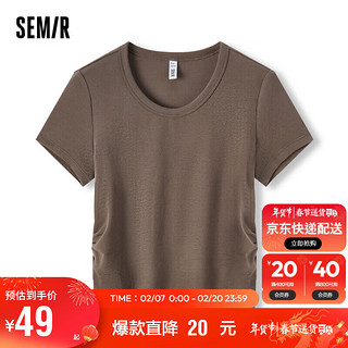 森马（Semir）短袖T恤女短款小心机紧身2024夏季大圆领正肩套头衫109324100003 咖啡50892 L